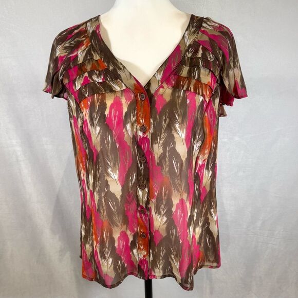 East 5th feather print pleated flutter sleeve button down top size large - Picture 1 of 7